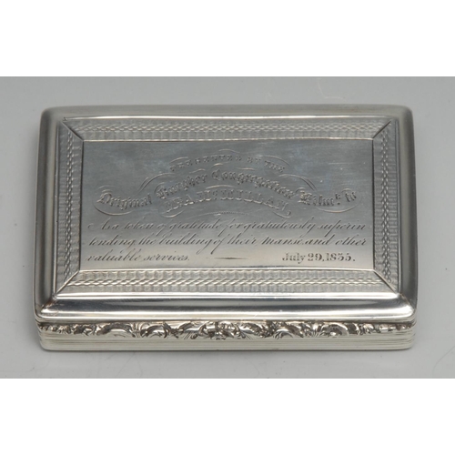193 - A William IV silver rounded rectangular snuff box, hinged cover inscribed Presented by the Original ... 