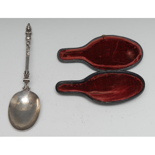 196 - An 18th century Continental silver folding travelling spoon, cast herm finial, hatched ownership ini... 