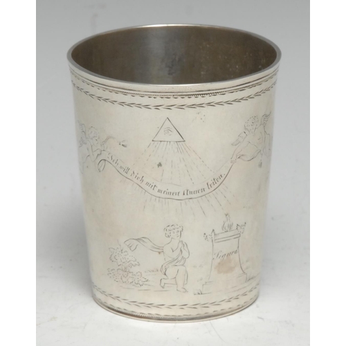 202 - An 18th century German silver tapered cylindrical beaker, engraved with a Masonic all seeing eye, a ... 