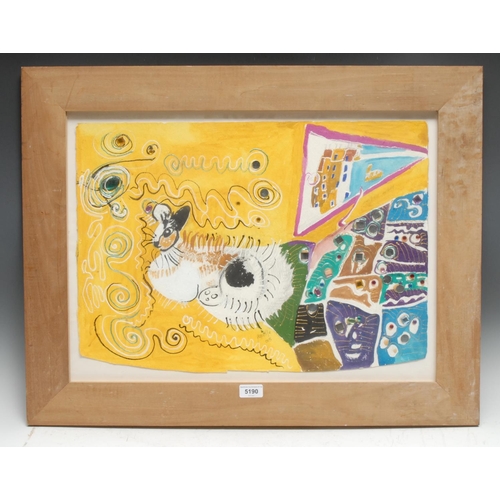 5190 - Ponckle Fletcher (1934-2012) 
Cat on a Jewelled Beach
signed, dated 2003, mixed media, 42cm x 55cm