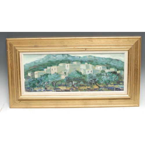 5191 - Continental School (20th century)
Hillside Town
indistinctly signed, oil on canvas, 18cm x 48cm