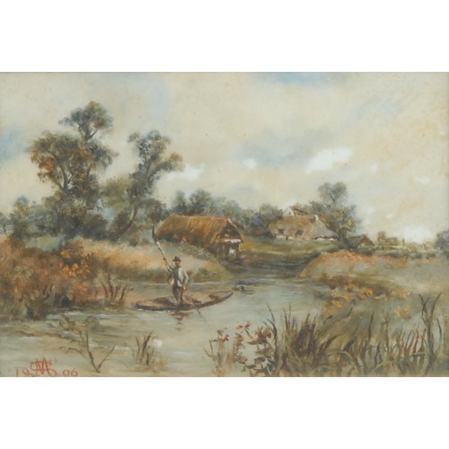 5302 - English School
Norfolk Broads
monogrammed, dated 1906, reverse painting on glass, 11.5cm x 16.5cm