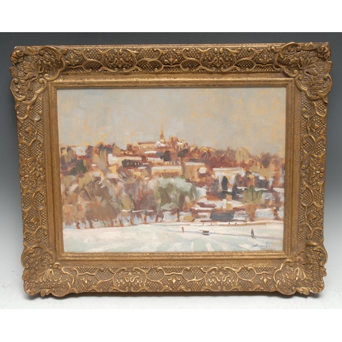 5125 - Robert Shantz 
Impressionist  Winter Scene
signed, oil on board, 29cm x 39cm