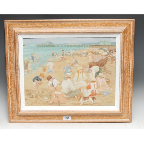 5130 - Patricia Terrell
Family Fun on the Beach
signed, oil on board, 31cm x 41cm