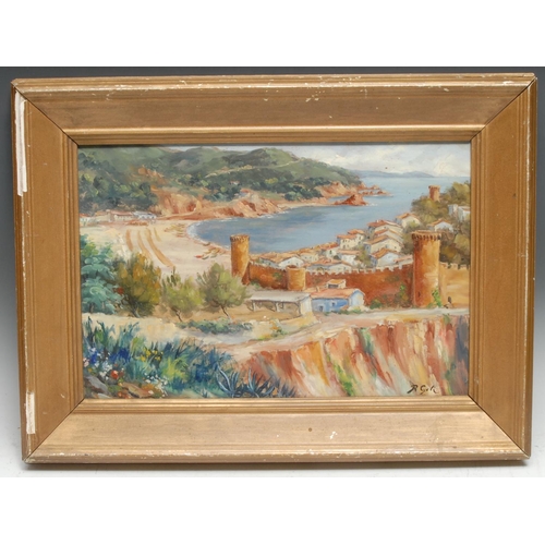 5233 - R Geli (20th century)
Continental Coastal Fortified Town
signed, oil on board, 29cm x 44cm