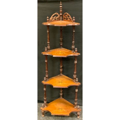 166 - A Victorian mahogany four tier corner whatnot, graduated shelves, turned supports, 150cm high, 57cm ... 