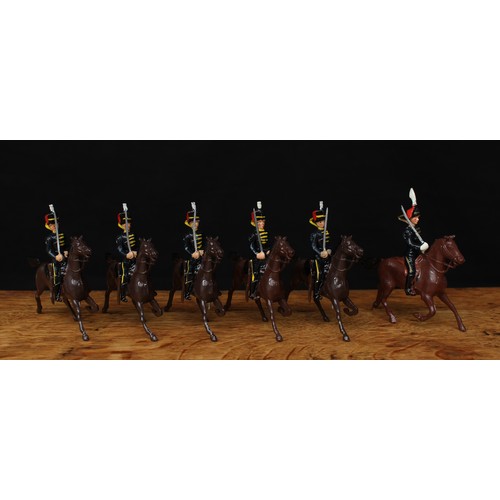 2055 - W Britain (Britains) Queens Own 7th Hussars, comprising five mounted troopers with late pattern swor... 