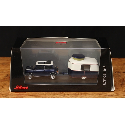 2119 - Schuco (Germany) 1:43 scale Mini Cooper and Eriba Puck caravan set, perspex window cased with outer ... 