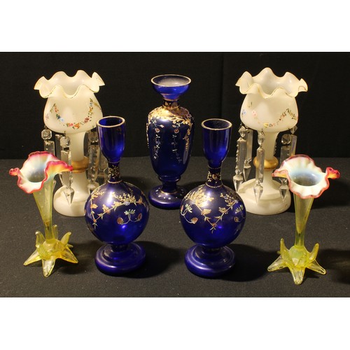 78 - A pair of early 20th century opaque white glass table lustres, each with clear faceted droplets, eac... 