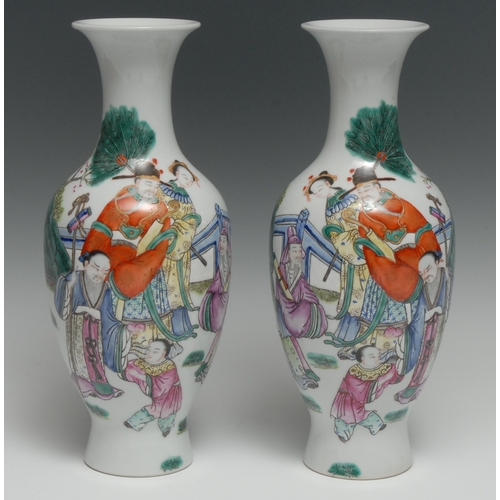 85 - A pair of Chinese porcelain baluster vases, painted in polychrome enamels with traditional figures o... 