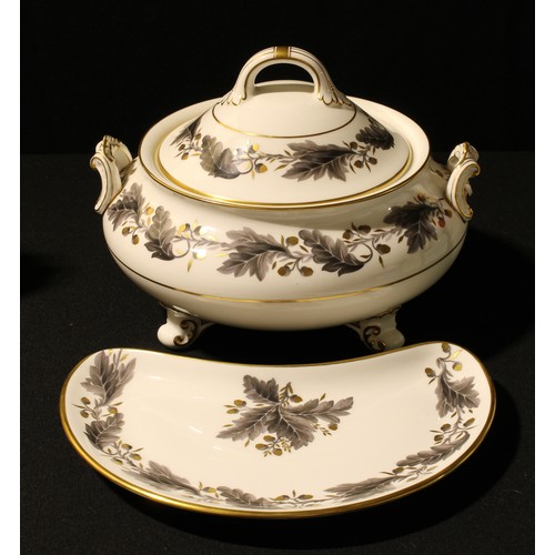 86 - A Royal Crown Derby Portman Oak pattern vegetable dish and cover, second; a similar crescent shaped ... 