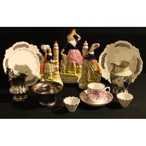 101 - A pair of Staffordshire flatback figures, c.1880;  silver lustre jug, an 18th century Pearlware reli... 