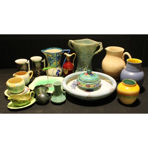 108 - Decorative Ceramics - a Shelley banded cake stand;  a Shelley Harmony Art Ware dripped vase;  Arthur... 