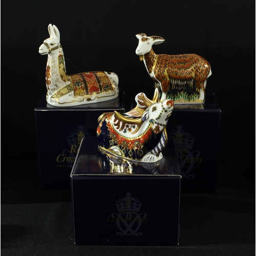 91 - A Royal Crown Derby paperweight, Llama, signed, gold stopper, boxed; others, reindeer, signed, gold ... 