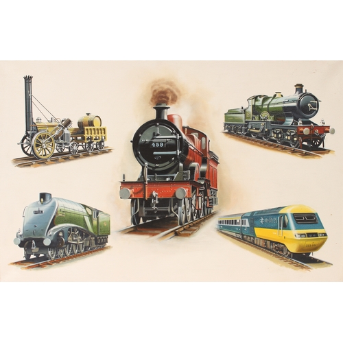 2154 - Railway Interest - Eric Bottomley,
montage of Locomotives through the ages,
signed and dated 79, oil... 