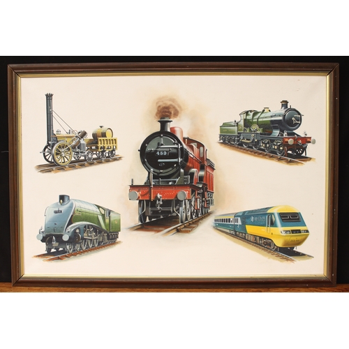 2154 - Railway Interest - Eric Bottomley,
montage of Locomotives through the ages,
signed and dated 79, oil... 
