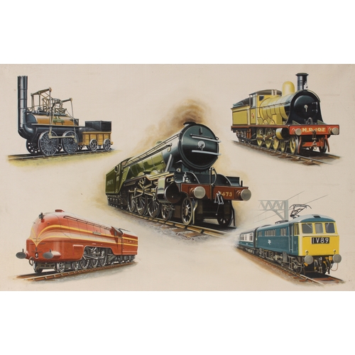 2155 - Railway Interest - Eric Bottomley,
montage of Locomotives through the ages, artwork for a book,
sign... 