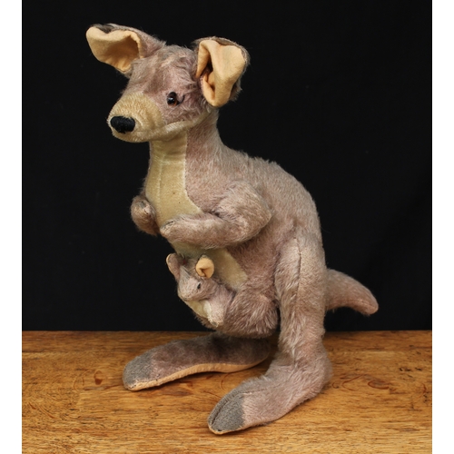 2160 - A 1960's Merrythought (England) stock No.223/1 Kangaroo with baby in pouch, amber and black plastic ... 