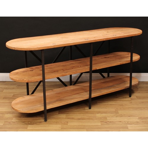 111 - An industrial design softwood and metal open bookcase or three-tier side table, discorectangular pla... 