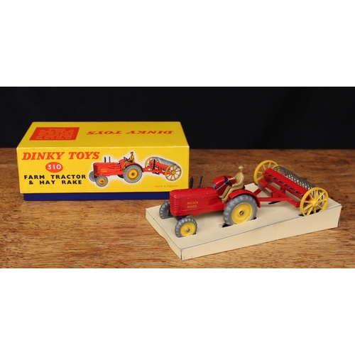 2174 - Dinky Toys 310 Massey-Ferguson farm tractor and hay rake, red body with yellow hubs and yellow wheel... 