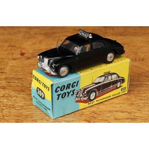 2188 - Corgi Toys 209 Riley Pathfinder Police car, black body, silver bell and Police sign to roof, aerial ... 