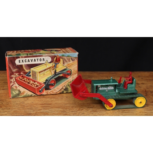 2191 - Benbros 'Qualitoys' Excavator, green body with red shovel, yellow wheels with green rubber tracks, r... 