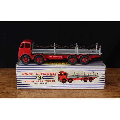 2192 - Dinky Supertoys 905 Foden flat truck with chains, 2nd type red cab and chassis, grey flatbed, red me... 