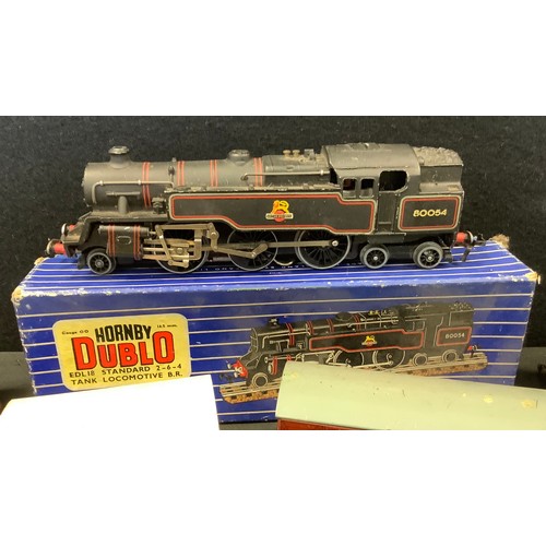 80 - Hornby Dublo - three rail, EDL18 2-6-4 standard locomotive, BR black livery, Rn80054, boxed;  Shell ... 