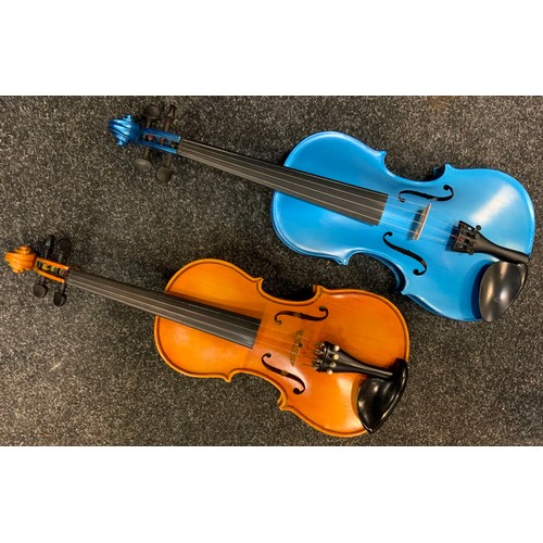 173 - A Rainbow Violin company blue 4/4 size Violin, back 34.5cm long, cased with bow;  another, smaller, ... 