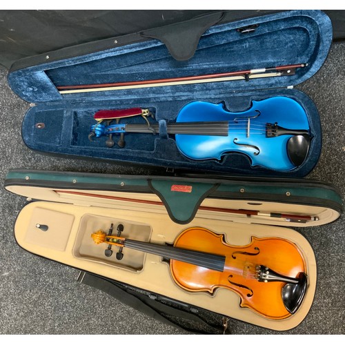 173 - A Rainbow Violin company blue 4/4 size Violin, back 34.5cm long, cased with bow;  another, smaller, ... 