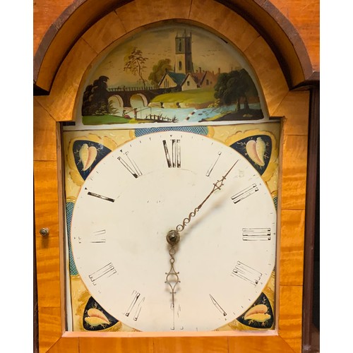 181 - An oak longcase clock, 47cm arched painted enamel dial, Roman numerals, 211cm high overall.