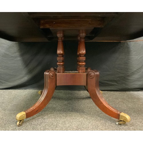 198A - A reproduction mahogany centre table, rounded rectangular top, quartered column, out swept legs, bra... 