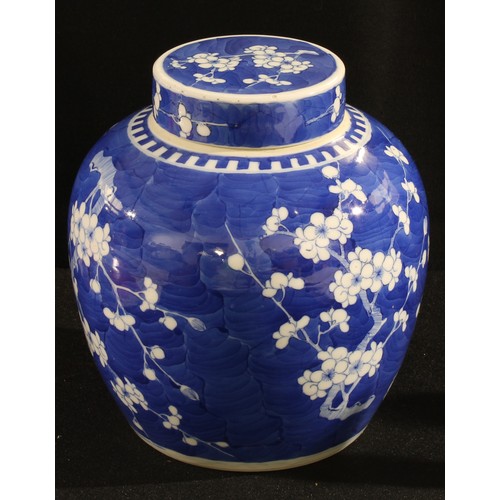 59 - A 19th century Chinese ginger jar and cover, decorated in blue and white with blossoming prunus bran... 