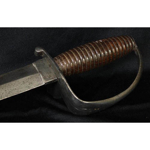 76 - A 19th century Cutlass, 51cm pointed double-edged blade, steel stirrup hilt, ribbed hardwood grip, 6... 