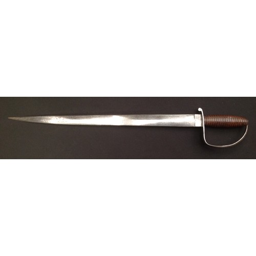 76 - A 19th century Cutlass, 51cm pointed double-edged blade, steel stirrup hilt, ribbed hardwood grip, 6... 