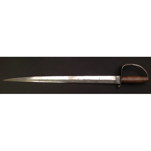 76 - A 19th century Cutlass, 51cm pointed double-edged blade, steel stirrup hilt, ribbed hardwood grip, 6... 