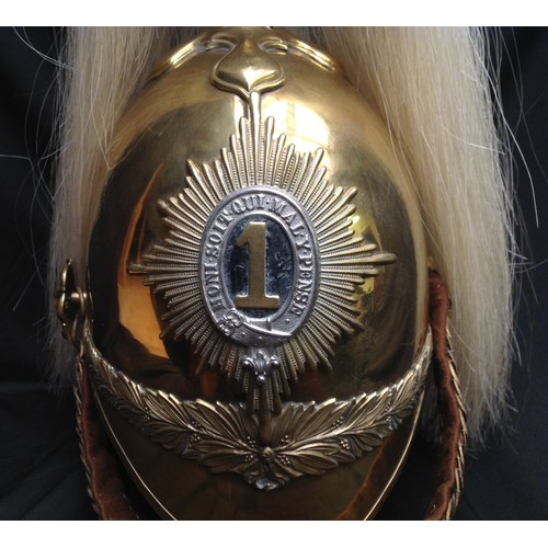 81 - British Victorian 1871 Pattern Cavalry  Helmet. Brass skull with 1st Dragoon Guards regimental helme... 