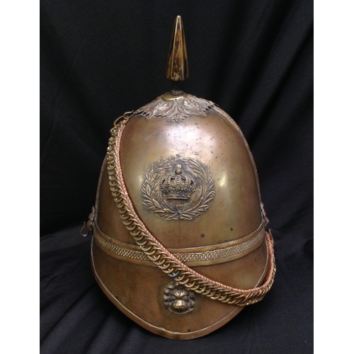 85 - British Victorian 1st Yorkshires Other Ranks Helmet. Brass skull. Wreathed Queens Crown badge to fro... 