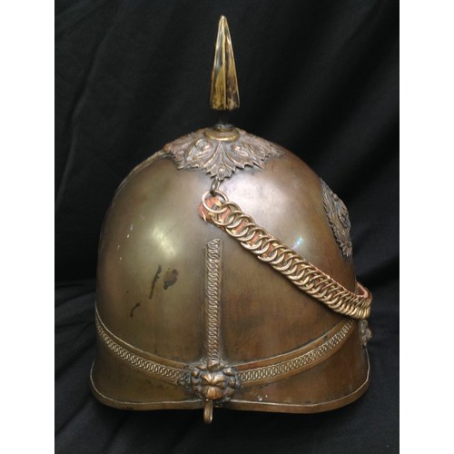 85 - British Victorian 1st Yorkshires Other Ranks Helmet. Brass skull. Wreathed Queens Crown badge to fro... 