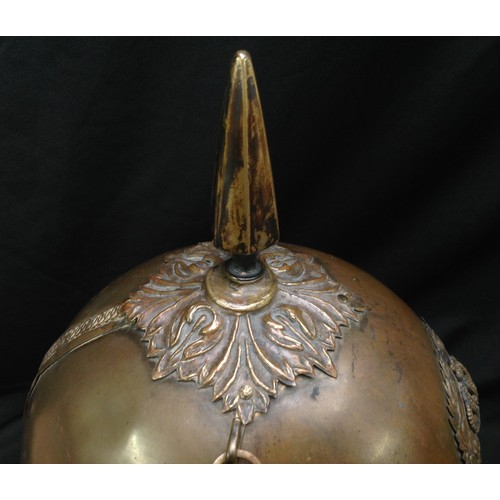 85 - British Victorian 1st Yorkshires Other Ranks Helmet. Brass skull. Wreathed Queens Crown badge to fro... 