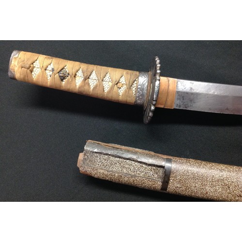 151 - WW2 Imperial Japanese era Wakizashi Sword with single edged blade 39cm in length. No Hamon line visi... 