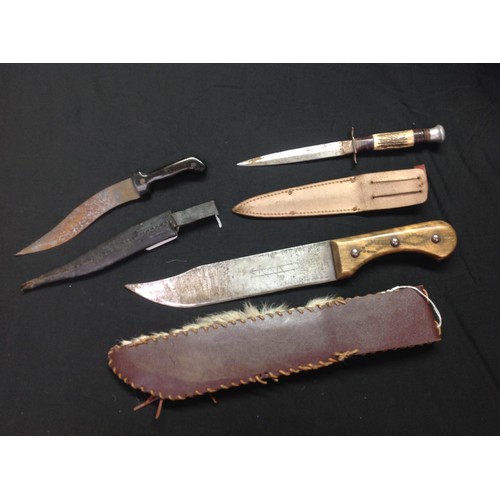 157 - Bowie Knife with 260mm long blade, blade width 50mm. Overall length 410mm. No makers marks. Complete... 