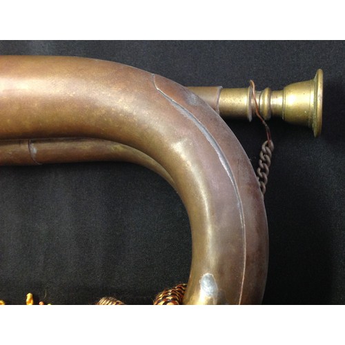 159 - Brass and Copper Bugle complete with cords with a Rifle Brigade cap badge affixed.