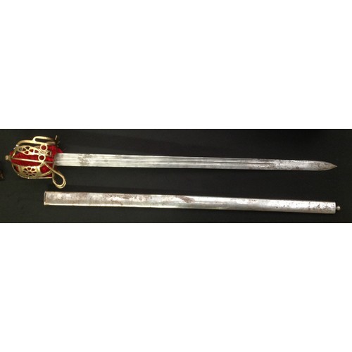 163 - Reproduction Scottish Basket Hilt Sword with double fullered single edged blade  885mm in length. Br... 