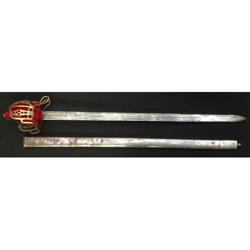 163 - Reproduction Scottish Basket Hilt Sword with double fullered single edged blade  885mm in length. Br... 