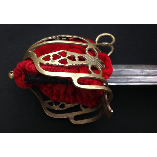 163 - Reproduction Scottish Basket Hilt Sword with double fullered single edged blade  885mm in length. Br... 