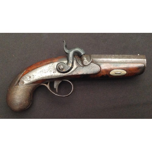 183 - 46 bore Percussion cap single barrel pistol. 90mm long barrel. Working action. Holds at both full an... 