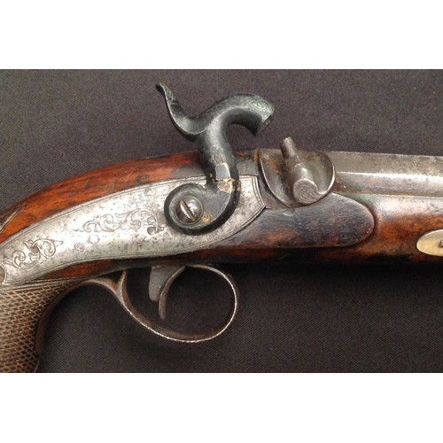 183 - 46 bore Percussion cap single barrel pistol. 90mm long barrel. Working action. Holds at both full an... 