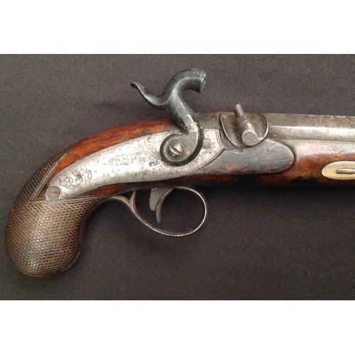 183 - 46 bore Percussion cap single barrel pistol. 90mm long barrel. Working action. Holds at both full an... 