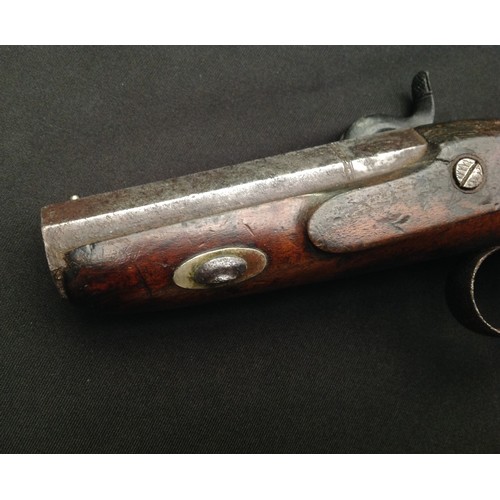 183 - 46 bore Percussion cap single barrel pistol. 90mm long barrel. Working action. Holds at both full an... 